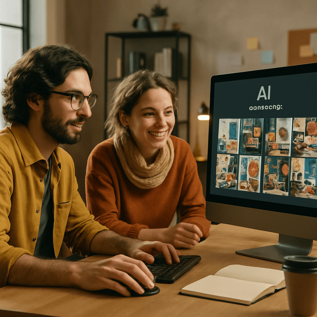 A digital artist and a copywriter in a creative studio, collaborating with a screen that shows an AI tool generating a range of visual mood boards.