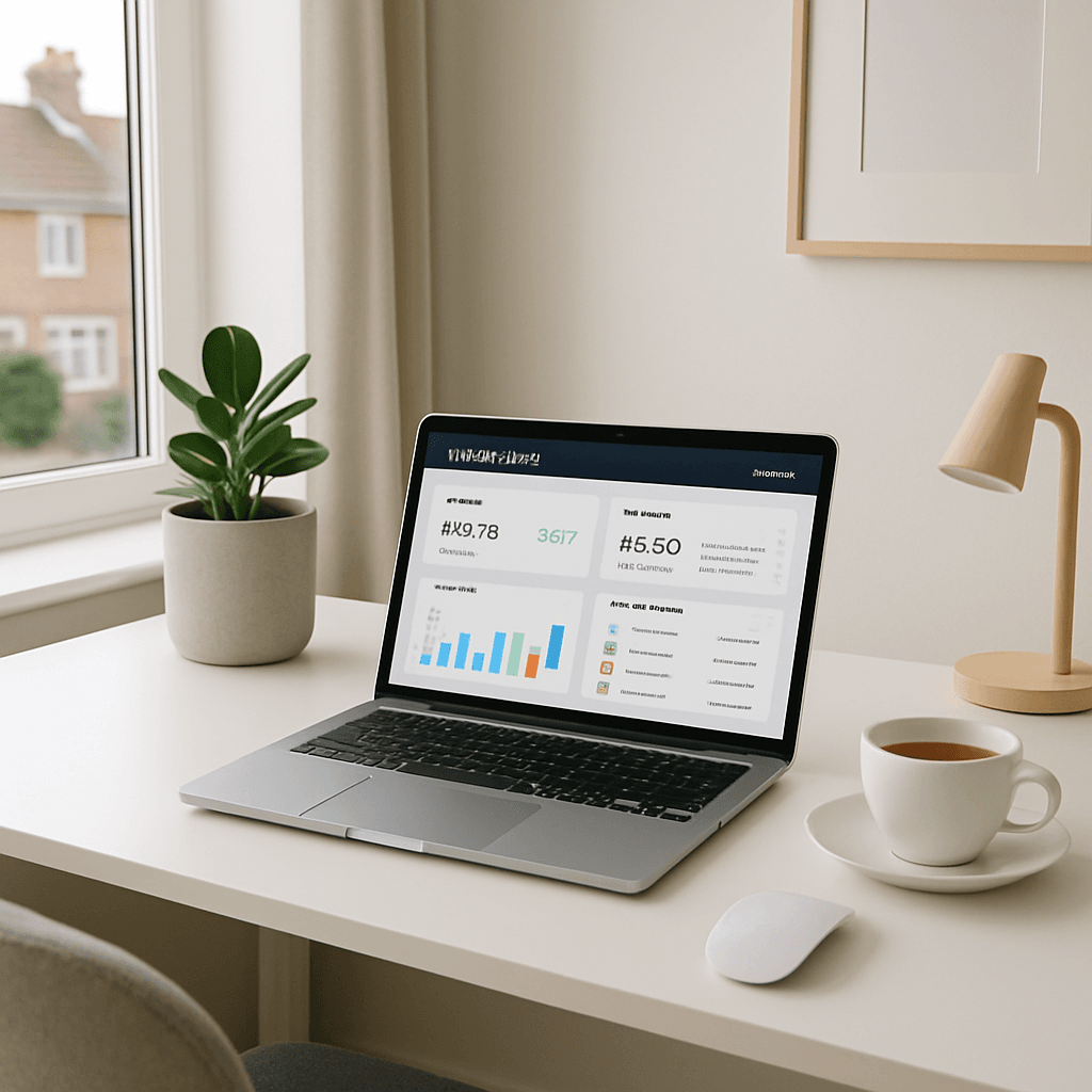 A clean, modern home office desk in the UK with a laptop showing an accounting dashboard and a cup of tea, representing the stress-free life of an automated accountant.