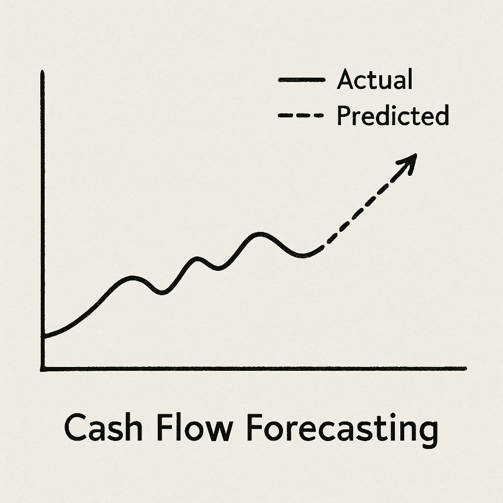 A simple line graph showing a 'predicted' future trend line extending from a solid 'actual' line, representing cash flow forecasting.