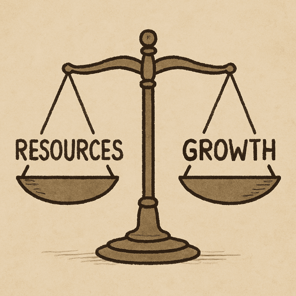 Illustration of a balanced scale with 'Resources' on one side and 'Growth' on the other