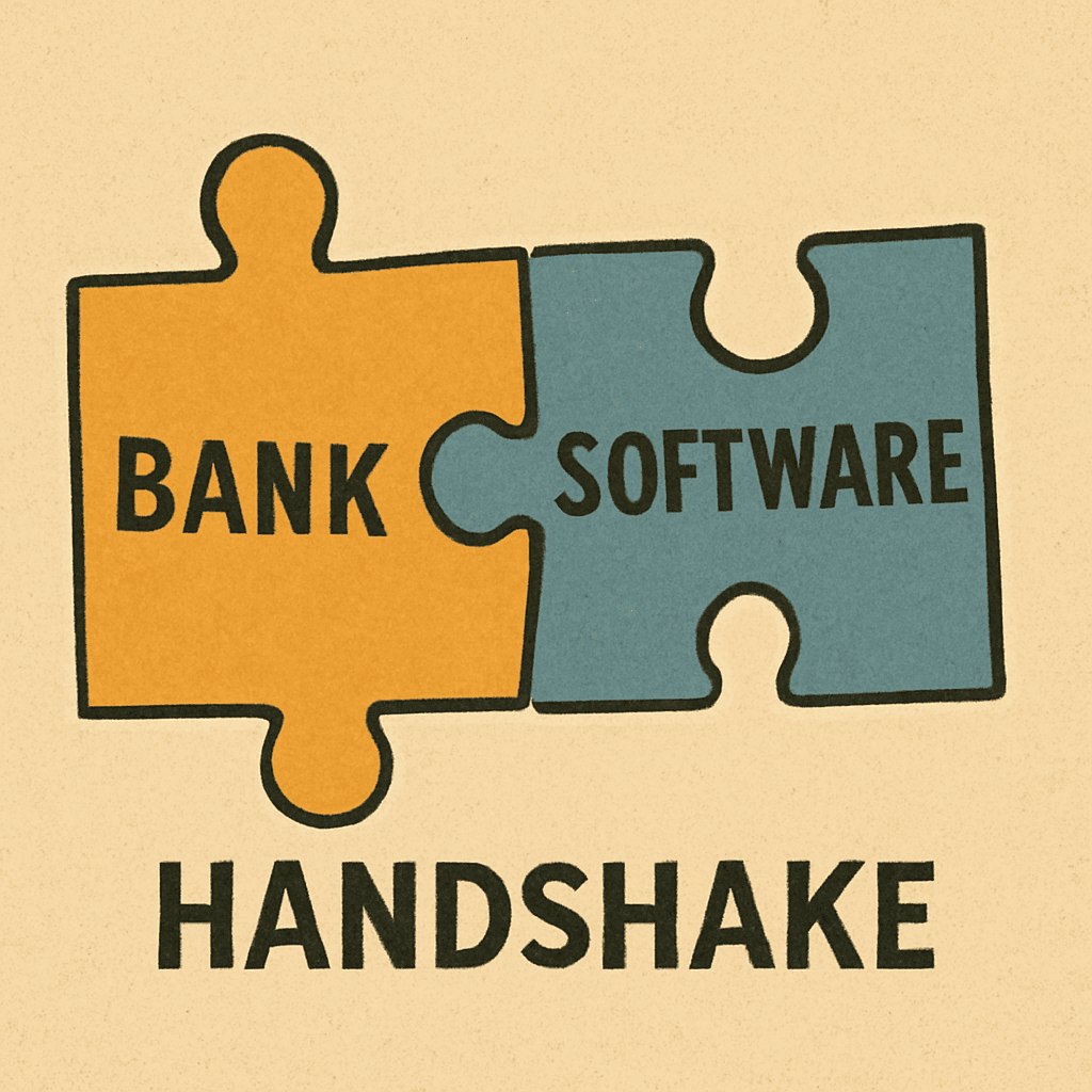A conceptual illustration of two puzzle pieces clicking together, one labeled 'Bank' and one labeled 'Software', symbolizing the 'Handshake'.