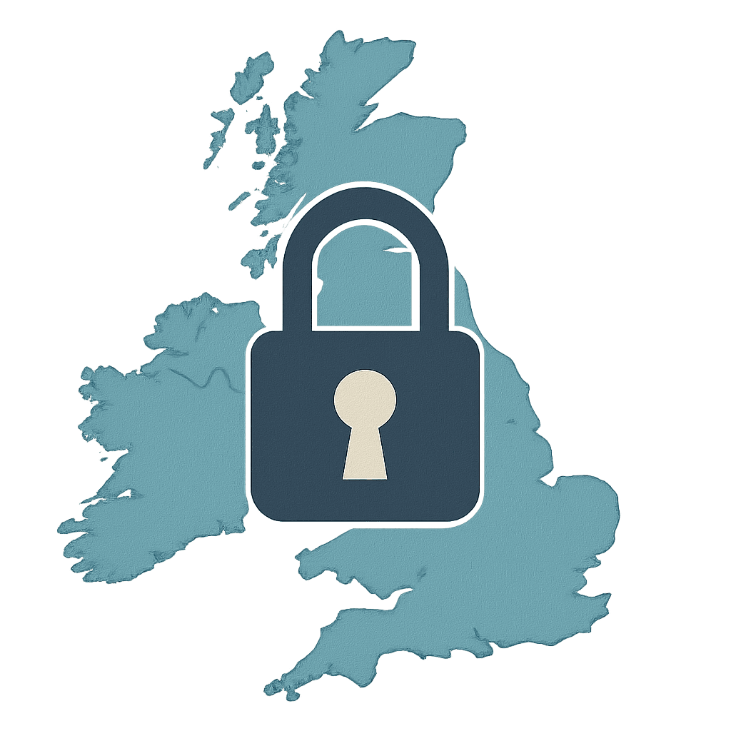 A sleek, modern padlock icon superimposed over a map of the UK, representing data security.