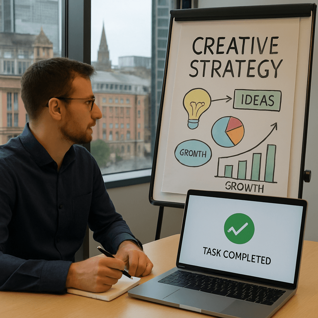 A professional office setting in a UK city like Manchester, showing a marketer focusing on a creative strategy meeting while a laptop nearby displays a 'task completed' notification.