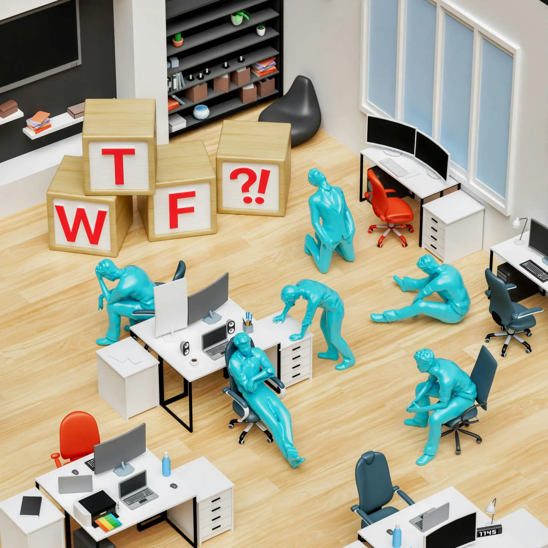 Illustration of a workplace using various technology tools and automation